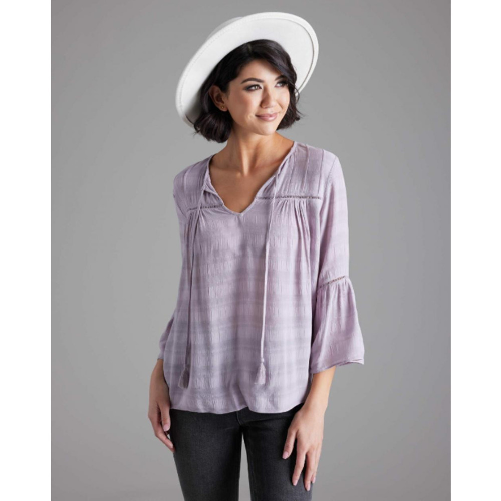 DownEast EBE Top Size Medium Rain Drops Lilac‎ Blouse Flared Sleeves